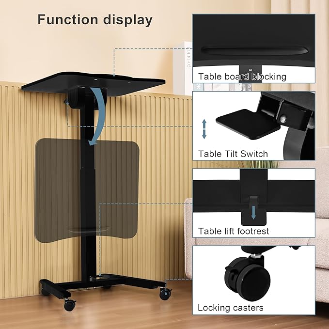 Fromann Mobile Standing Podium Desk Laptop Sit to Stand Height Adjustable Workstation with Wheels,Gas Spring Lift Mechanism Desk (Black)