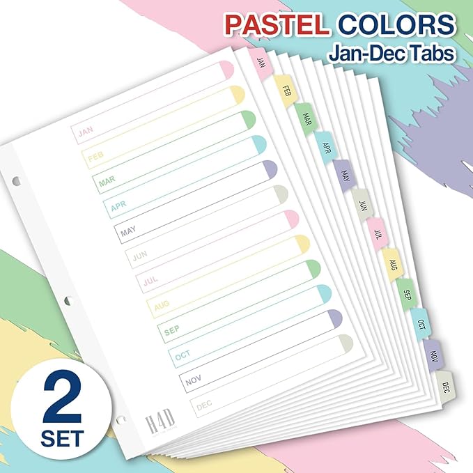 H4D Monthly Binder Dividers for 3-Ring Binder, Jan-Dec 12 Tab Dividers with Customizable Table of Contents, Multicolor Tabs, Reinforced Holes, Letter Size, Pastel, 2 Sets