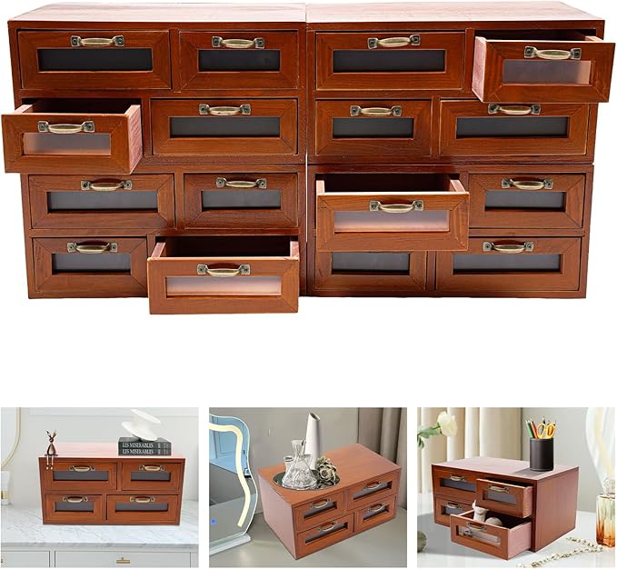 4PCs 16 Drawer Wooden Desk Top Organizer Cabinet, Desktop Drawer Storage Box, Vintage Wooden Storage Box, Tabletop Multi Storage Organizer, Use for Home & Office (Brown)