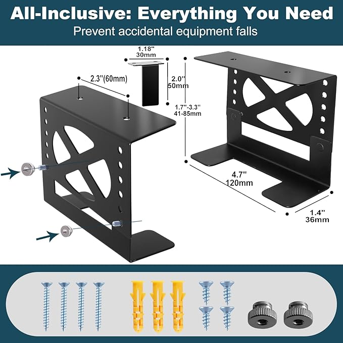 Adjustable Under Desk Mini PC Mount, 6-Level Height (1.7" to 3.3"), Width Adjustable Metal CPU Holder for Mac mini M4, Small PCs, Universal Adjustable Mount, Space Saving