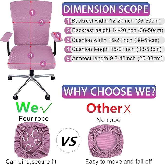 4 Pcs Office Chair Cover Set with 4 Extra Elastic Straps Universal Protective Office Chair Covers Stretchable Desk Chair Cover Office Armrest Cushion Backrest for Rotating Chair (Purple)