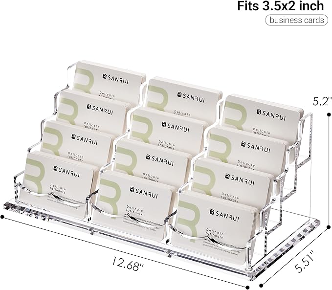 SANRUI Business Card Holder for Desk Clear Acrylic Business Card Holders, Business Card Display Stand 4 Tier 12 Slots