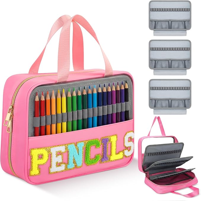 Hillban 108 Slots Large Colored Pencil Case with Chenille Letter Patch Extra Large Capacity Interlayer Pencil Holder Organizer with Handle Zipper Portable Storage Bag Graduation Gift for Artist(Pink)