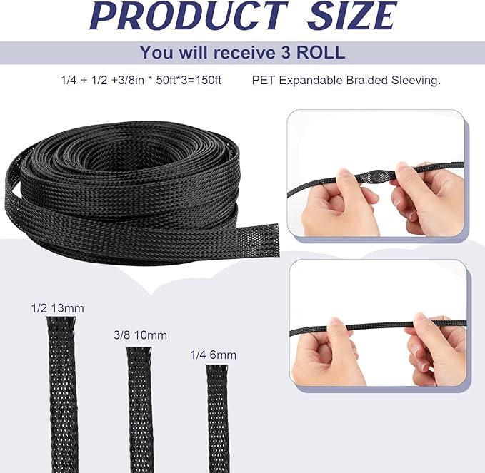 150 Feet 1/4, 1/2, 3/8 Inches Braided Wire Loom PET Cable Loom Expandable Braided Cable Sleeving Mesh Automotive Split Wire Loom for TV, Computer, Home Theater, Black