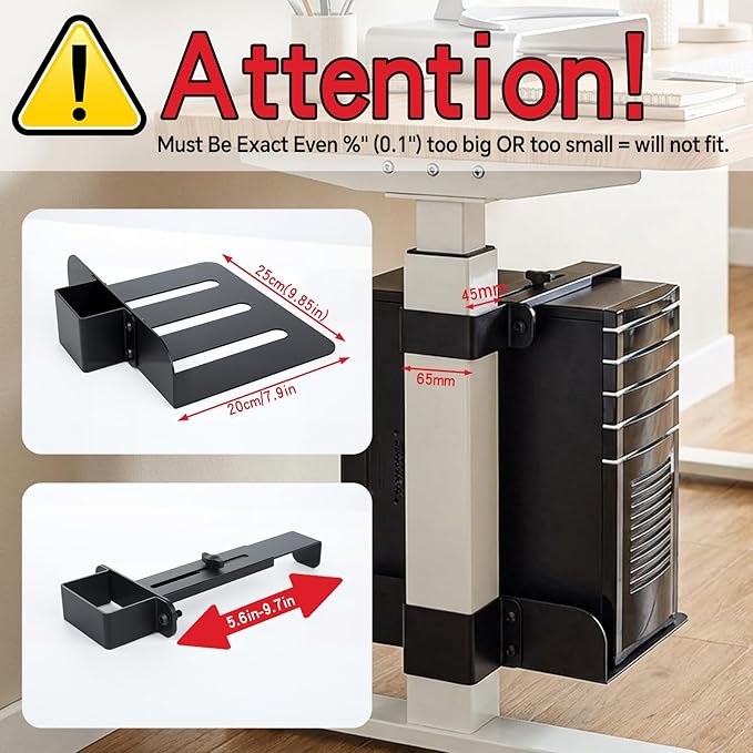 Under Desk PC Mount,65mm×45mm Leg-Specific PC Holder Under Desk,Adjustable 5.6-9.7 Inch Heavy Duty Steel CPU Support, with Non-Slip Pads,75lb Capacity Black