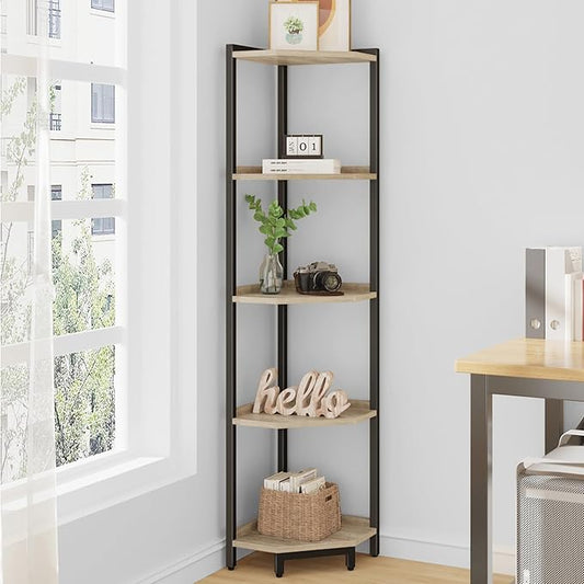 Hzuaneri Corner Shelf Stand, Corner Bookshelf, Storage Standing Shelf Unit with Metal Frame, Plant Stand, Bookcase for Living Room, Home Office, Bedroom, 5-Tier Greige CS05905B