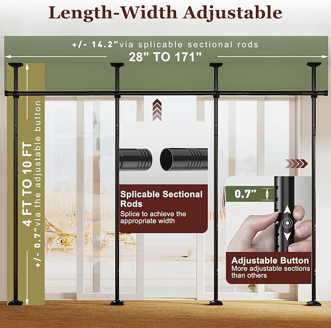 Goovilla Room Divider for Room Separation, Tension Curtain Rods No Drilling, 4-10ft(H) 28-171inch(W) Adjustable Temporary Privacy Wall Divider, Heavy Duty Freestanding Space Partition Separator, Black