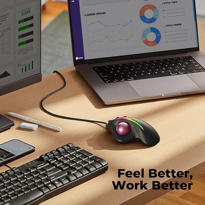 Wired Trackball Mouse with RGB Lighting, Ergonomic Thumb Control to Reduce Muscle Strain, 5 Adjustable DPI, Dual USB-C & USB-A Connectivity, Compatible with PC, Laptop, Mac, Windows (E-Pink)