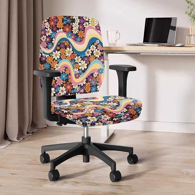 Hippie Flowers Office Chair Covers Washable Computer Office Chair Seat Cover 70S Floral 2 Piece Office Chair Slipcovers Protector Desk Accessories Dorm Computer Rotating Chair Slipcover