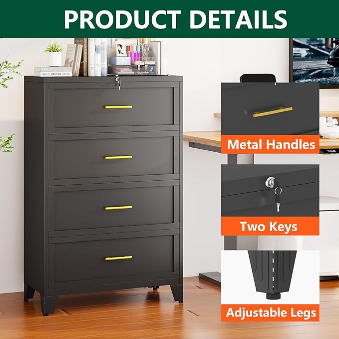 winiowa 4 Drawer File Cabinet, Metal Lateral File Cabinet with Lock, Locking Filing Cabinets for Home Office,Wide Office Storage Cabinet for Hanging Files Letter/Legal/F4/A4 Size (Black, 4-Drawer)