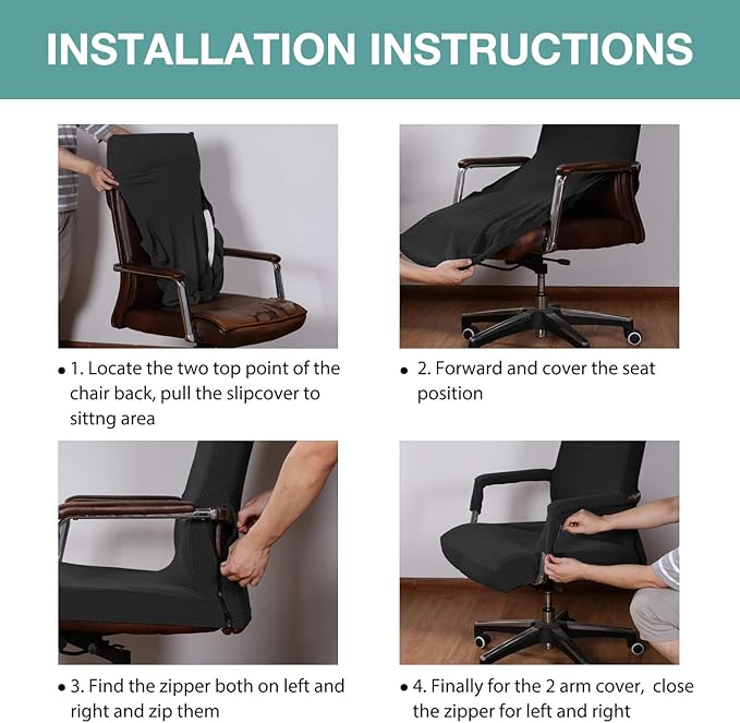 Turquoize Stretchable Chair Cover for Computer Chair, Large Office Chair Cover with Armrest Covers, Jacquard Boss Chair Cover, High Back, Washable, Large, Black