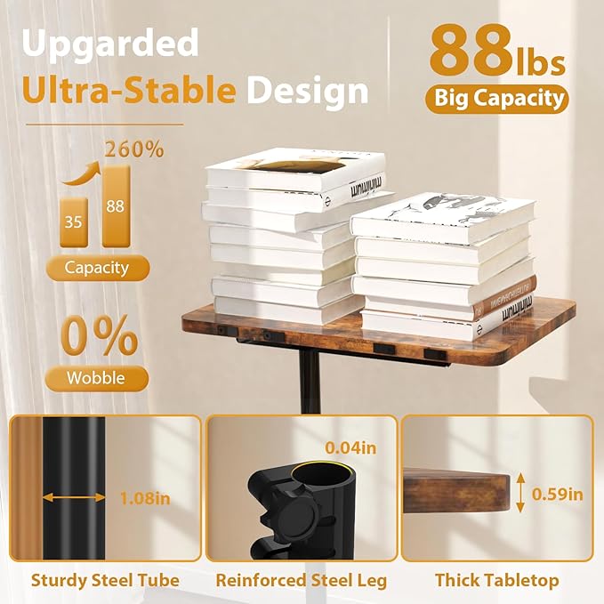 TV Tray Table, Adjustable C Shaped End Table for Couch, 360°Swivel Couch Side Table C Table That Slide Under Couch Desk for Small Space Sofa Bed Snack Living Room Bedroom(Rustic)