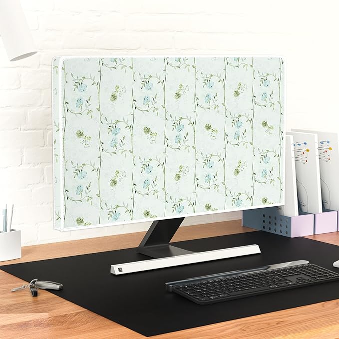 Elegant Flower Plant Monitor Dust Covers 22, 23, 24, 25 Inch Green and Blue Botanical Water Proof Computer Covers for Desktop PC Protector Dust Proof Monitor Cover for Computer Screen