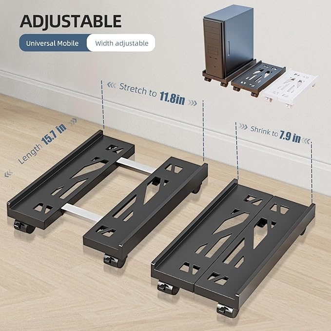 Adjustable Mobile CPU Stand, Ventilated Computer Tower Stand with 4 Caster Wheels Fits Most PC Tower, Under Desk CPU Holder PC Floor Cart Computer Riser for Students and Gamers (White)