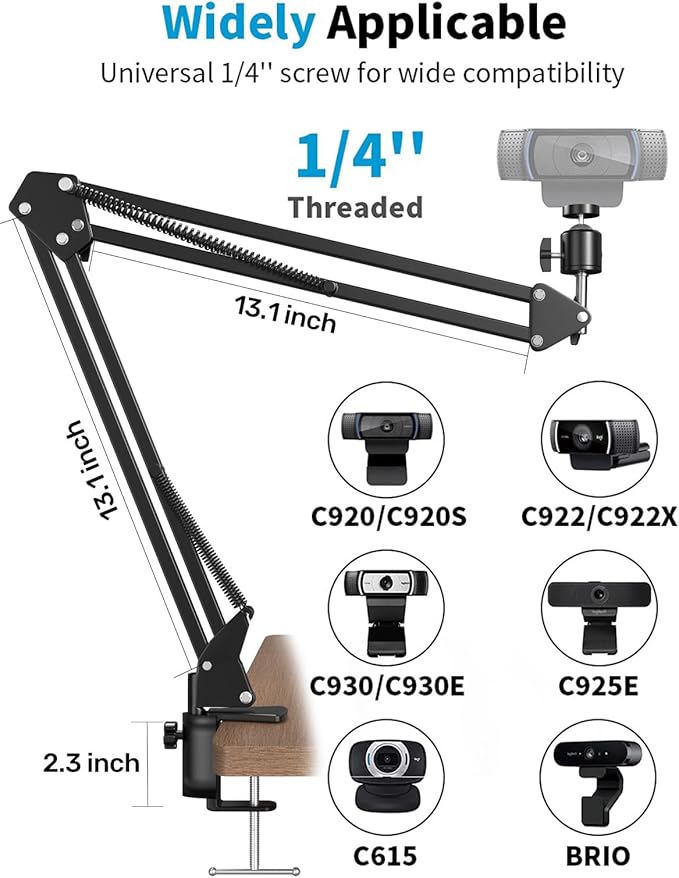 Webcam Stand, Boom Arm Camera Mount Stand for Logitech Webcam BRIO 4K C920 C920S C922 C922x C925e C930 NexiGo N60, 1/4"-3/8" and 3/8"-5/8" Screw for Blue Yeti Snowball Yeti Nano and Other Mics