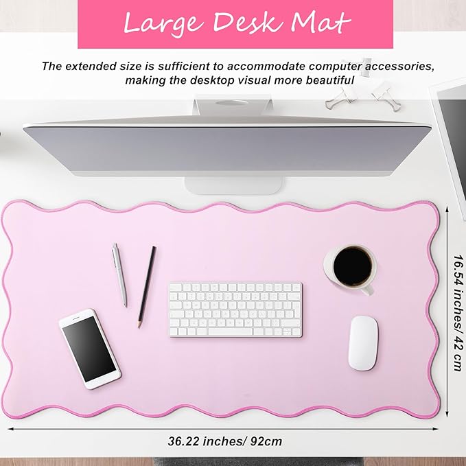 Hahafelt Scalloped Desk Mat Large Scalloped Piping Cute Desk Mat Aesthetic Preppy Table Pad Large Nonslip Pad with Edge Stitching Waterproof Gaming(Pink,36 x 17 Inches)