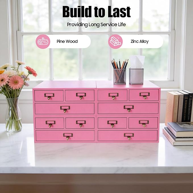 4 Packs Vintage Desktop Apothecary Cabinet with 3 Drawers, Vintage Desktop Organizer Wood Desktops Organizers Stackable Drawers Chest Drawer for Herb Storage Tea Collection Stationery (Pink)