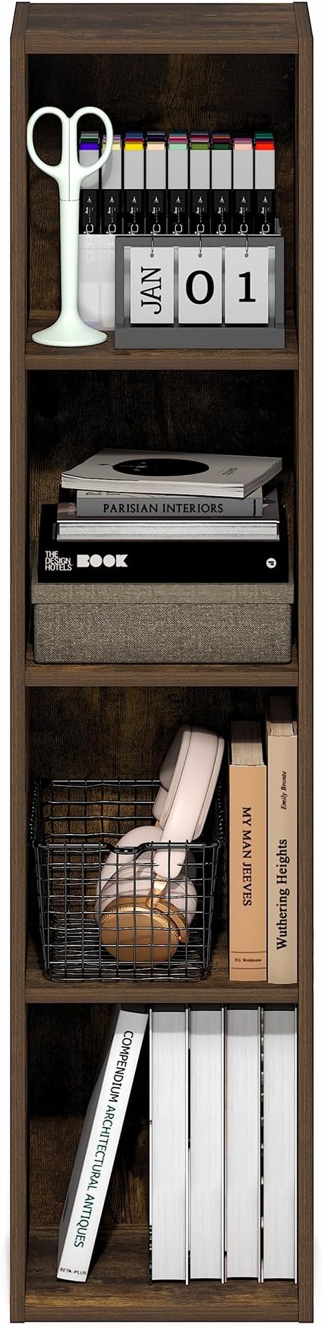Furinno Fulda Book Shelf, 4-Tier Narrow Bookshelf, Standing Bookcase with 10-in Width Storage Shelf, 9.3 x 9.8 x 41.6, for Organization and Storage, for Living Room, Bedroom, Home Office, Amber Pine