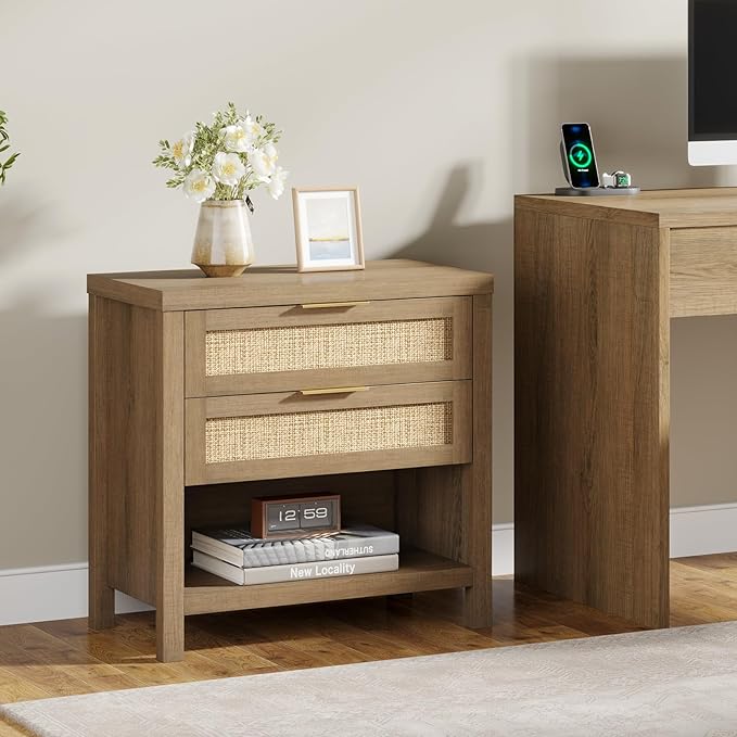 Eclatara Rattan Nightstands, Farmhouse Bedside Table with 2 Drawers and Storage Shelf, Rattan Boho Accent Night Stands for Bedroom Large Space Sofa (1, Reclaimed Caramel Oak)