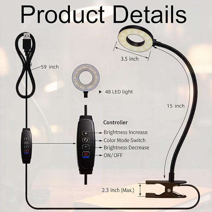 Desk Lamp with Clamp, 3 Color Modes & 10 Brightness LED Desk Light, 360°Adjustable Reading Lamps for Bed, Headboard, Clip on Light for Home Office Study Craft (Black)