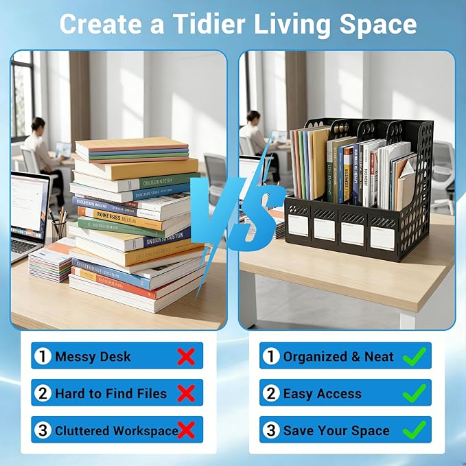 Ysenchan Plastic Magazine File Holder & Desk Organizer, 4 Vertical Compartments File Folder Organizer for Office Classroom Organization, Coloring Book Storage with Sturdy Binder Accessories(Black)