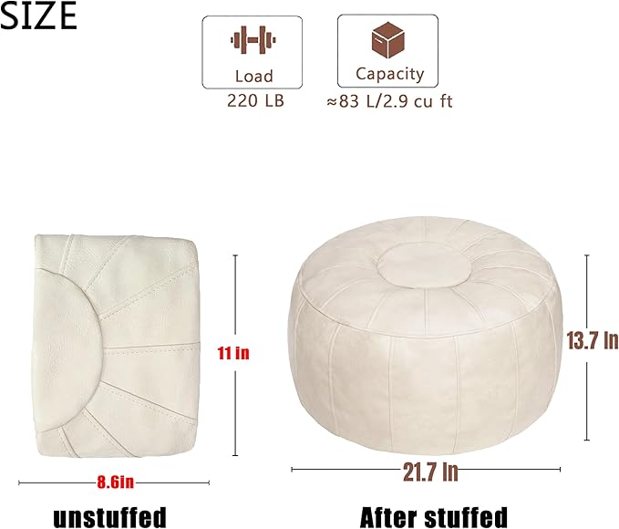 Thgonwid Unstuffed Moroccan Storage Pouf Foot Stool Ottoman Seat, No Filler Included, Handmade Faux Leather Bean Bag Floor Chair Foot Rest for Living Room, Bedroom or Balcony, Ivory White