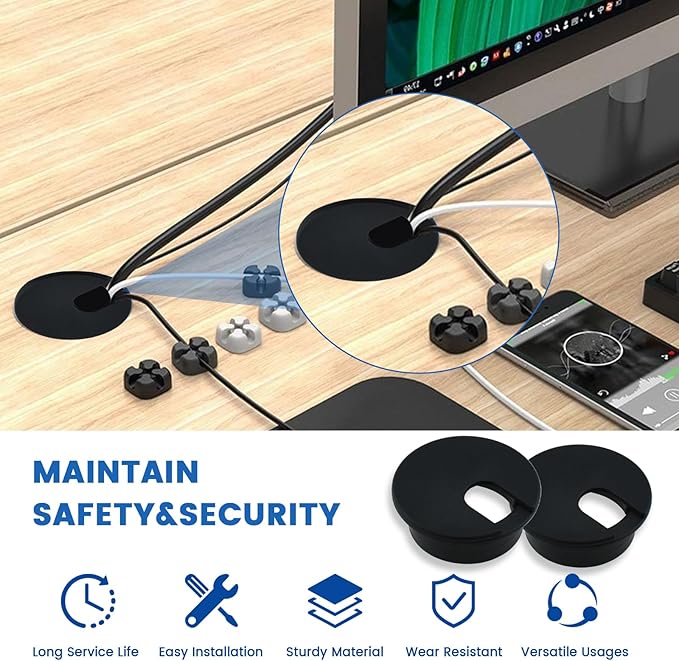 SDTC Tech 3-Pack 1 inch Desk Hole Wire Grommet Black Plastic Cable Cord Cover Organizers