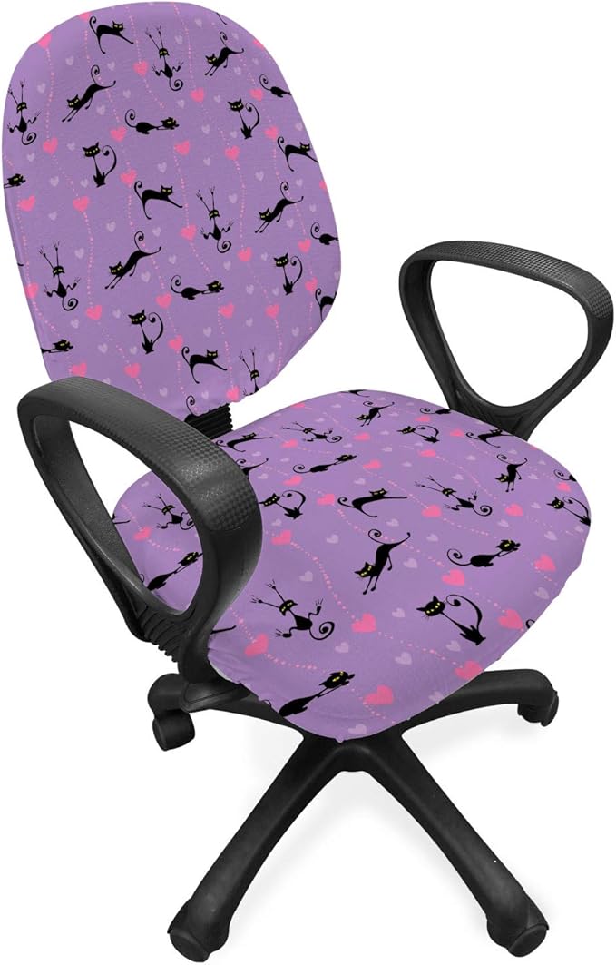 Ambesonne Cat Office Chair Slipcover, Funky Romantic Pattern with Little Hearts Funny Jumping Black Cat Characters, Protective Stretch Decorative Fabric Cover, Standard Size, Lavender Black