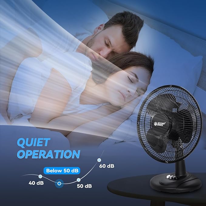 BEYOND BREEZE Oscillating Table Fan Quiet 3-Speed 12-Inch Adjustable Tilt Fan with Safety Grill, Ideal for Home, Office, Dorm, Black