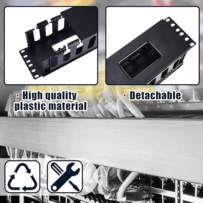 Taiyin 4 Pcs 2u 19 Inch Horizontal Cable Management Panel, 12 Slot Rack Cable Organizer with Removable Cover for Server & Network Rack
