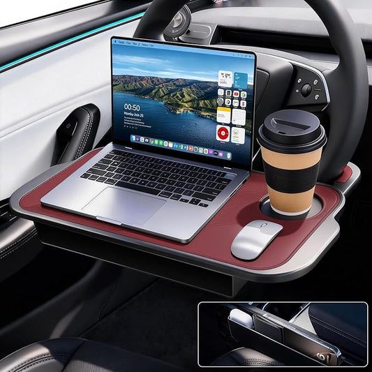 2-in-1 Car Steering Wheel Desk Tray & Car Seat Gap Filler Organizer – Silicone Look Table for Laptop, Eating Food, Writing – Work Road Trip Essentials Accessories（red）