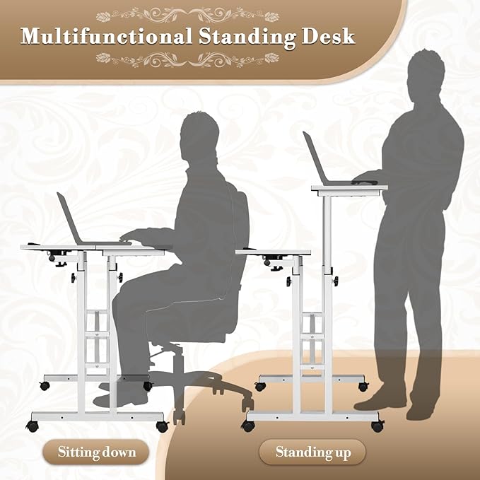 Athena Collection Height Adjustable Rolling Desk Mobile Portable Laptop Stand Cart Small Sit Standing Desk Computer Table Workstation for Home Office, White