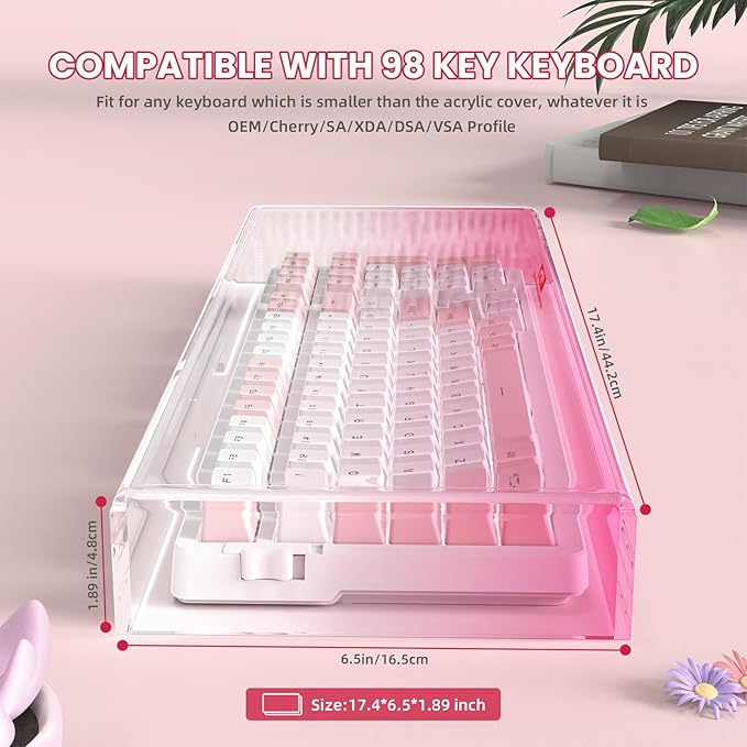 ZIYOU LANG KC04 Acrylic Clear Transparent Keyboard Cover(17.4*6.5*1.89’’) with Dustproof Waterproof Anti-hit Anti-cat Protective Case for Compact Layout 94/96/98Key Mechanical Gaming Keyboard(Pink)