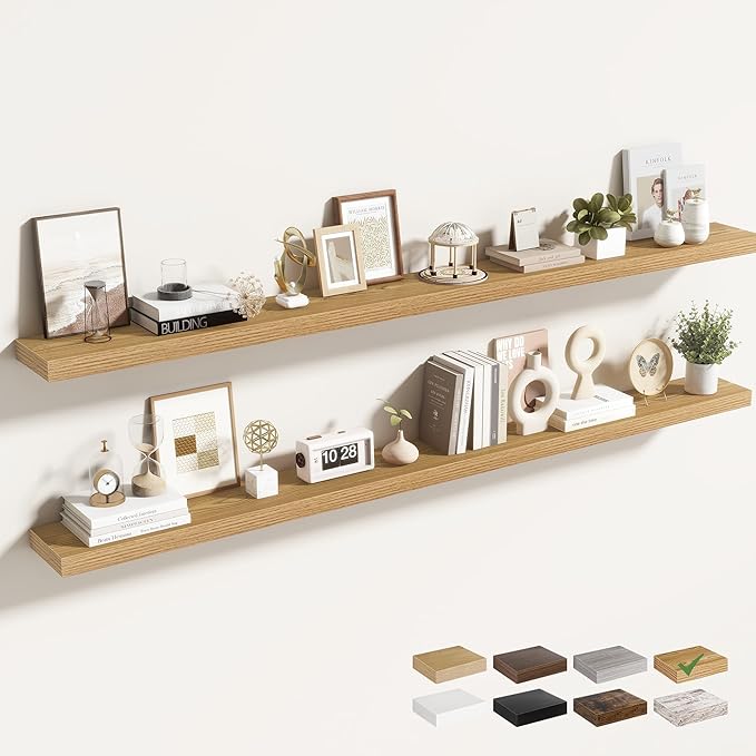 Acovy 72 Inch Floating Shelves for Wall 2 Pack, 72" Wall Shelves for Books, Storage, Decor, Wall Mounted Floating Shelf with Invisible Brackets for Kitchen, Living Room, Light Brown