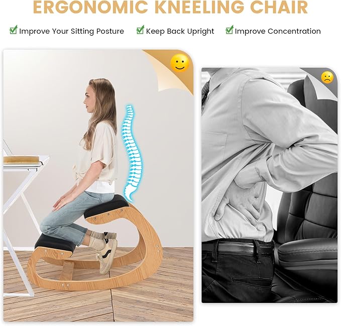 Giantex Ergonomic Kneeling Chair, Posture Chair for Desk with Cushion, Solid Wood Frame, Max Load 330 Lbs, Comfortable Ergo Rocking Kneel Chair for Office Home Study (Black)