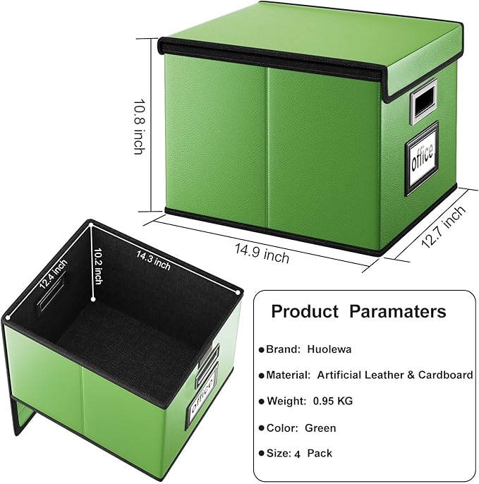 Portable Leather File Organizer Boxes with Lids, Office Document Boxes Organizer, Filing Boxes, Decorative Small File Boxes for Hanging Files, File Cabinet for Office/Home - 4 Pack