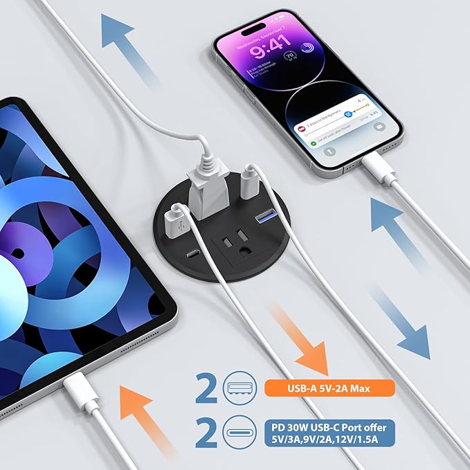Recessed Power Grommet with AC Outlets, 3.15inch Desktop Power Grommet Outlet,30W PD Fast Charge for Deskt - Flush-Mount Recessed Power Strip,Home and Workspace Essential Desk Outlet