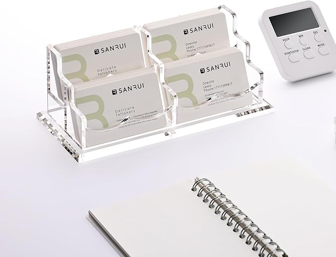 SANRUI Acrylic Business Card Holder for Desk, Horizontal Clear Name Card Display Stand Desktop Display Stand for Business Cards, Business Card Organizer, Perfect for Offices & Professionals 4 Slots