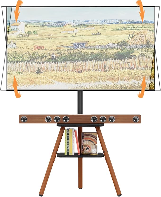 Tripod Easel TV Stand for 23-60 Inch TVs, Floor TV Stand with 2 Shelves and Cable Management for Bedroom/Living Room, Holds up to 80 lbs Adjustable Height Max VESA 400x400mm, Artistic Black Walnut
