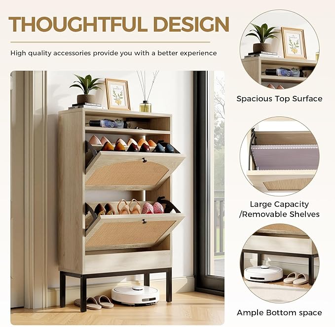 LUCKLIFE Shoe Cabinet with Charging Station, Flip Down Shoe Storage Organizer with Adjustable Shelves, Hidden Slim Shoe Rack with Anti-Tip Kit for Entryway or Hallway (Oak Rattan)