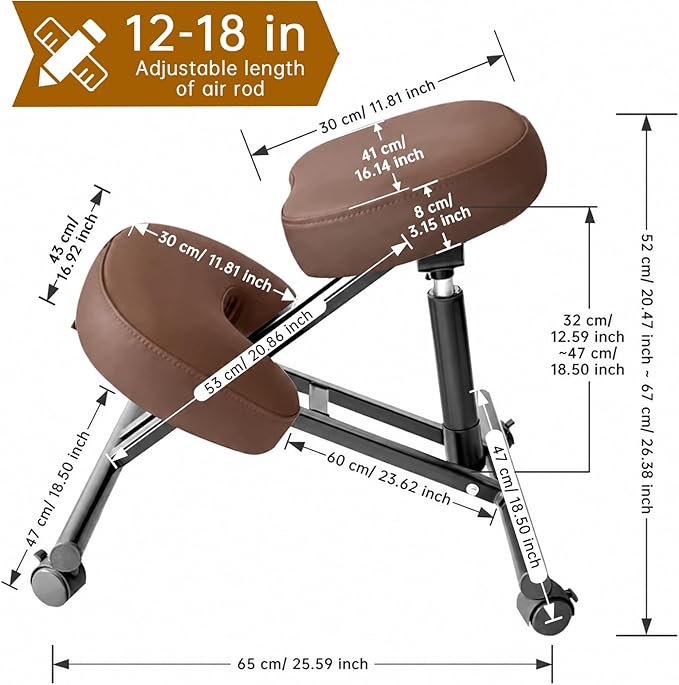 PU Leather Ergonomic Kneeling Chair, Adjustable Home and Office Stool with Thick Pads and Flexible Lockable Brake Wheels for Back Pain Relief（Dark Brown）