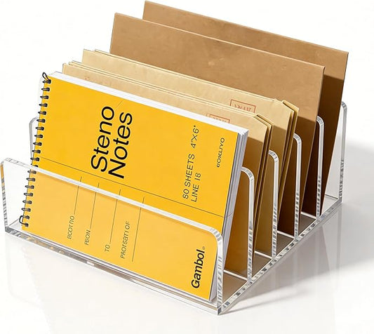 Clear Acrylic Desk Organizer – 5 Compartment Mail Holder & Letter Sorter for Office, Bills, Documents, Notebooks – Modern Vertical File Rack for Home