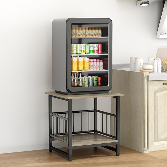 DHMAKER End Table, Industrial Side Table with 2-Tire Storage Shelf, 180LBS Mini Fridge Stand with Adjustable Feet, 18"x18" Wood Night Stand Small Bedside Table for Living Room Bedroom, Grey