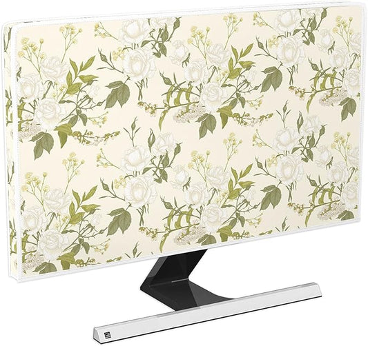 Baocicco White Rose Flowers Waterproof 26, 27, 28 Inch Anti-Static Dustproof LCD/LED/HD Panel Case Spring Floral Computer Monitor Covers Sleeve Compatible with PC Desktop and TV,Green Leaves