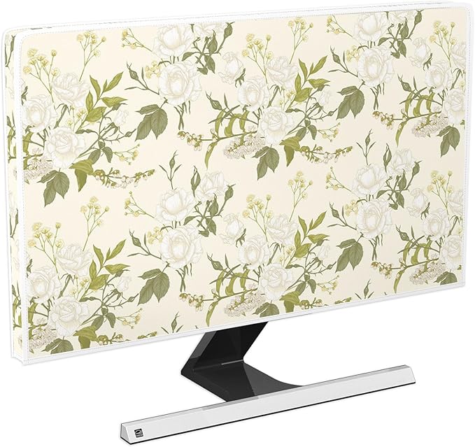 White Rose Flowers Waterproof 75 Inch TV Dust Cover Anti-Static Dustproof Protective Covers Spring Floral Screen TV Cover Sleeve Compatible with PC Desktop and TV,Green Leaves