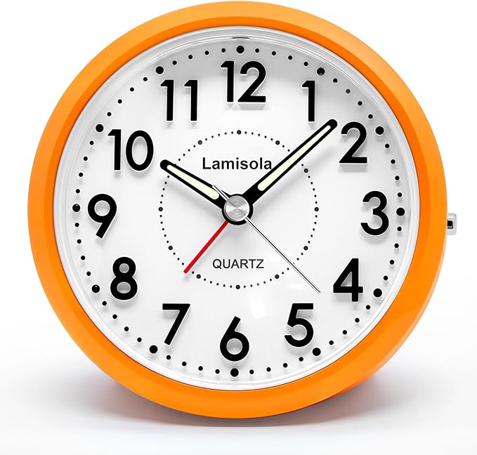 Lamisola Small Desk Clock, Battery Operated Travel Clock, Bright Analog Alarm Clock for Bedroom Home Office Bathroom Kitchen, Silent Large Display- Orange