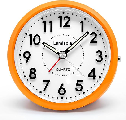 Lamisola Small Desk Clock, Battery Operated Travel Clock, Bright Analog Alarm Clock for Bedroom Home Office Bathroom Kitchen, Silent Large Display- Orange