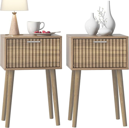 LAATOOREE Nightstands Set of 2, Small Size Side End Table, Bedside Table with Fluted Door, Solid Wood Feet; for Bedroom, Small Bed