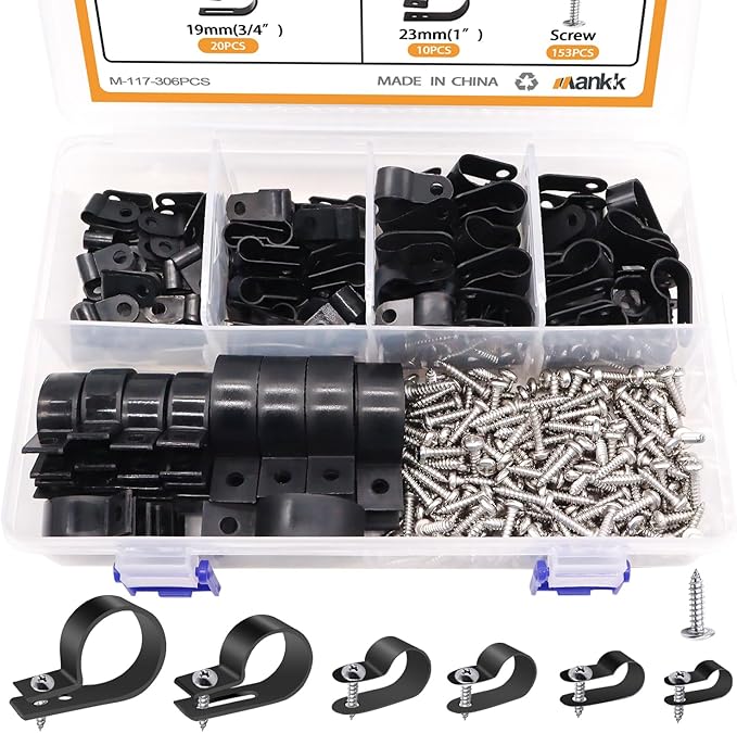 mankk 306PCS Cable Clips Wire Clips Assortment Kit Nylon Plastic R-Type Cable Clamps Wire Mounting Clips 6 Sizes 3/16'' 1/4'' 3/8'' 1/2'' 3/4'' 1'' with Screws for Cable Management