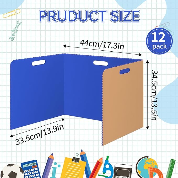 12 Pcs Privacy Folders for Students Blue Desk Dividers Classroom Test Dividers Privacy Boards for Student Desks Privacy Panel Partitions Trifold Desk Dividers for School